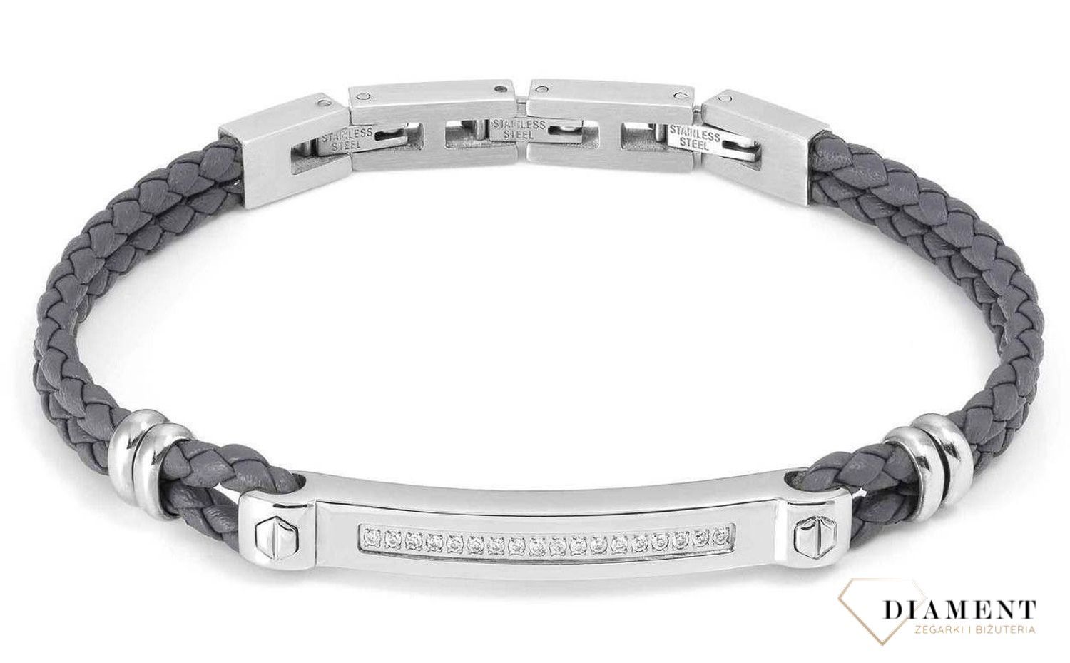 Bransoletka męska Nomination Italy Manvision szara skórzana z białymi cyrkoniami 133002 001. Bransoletka z szarej skóry i stali szlachetnej z eleganckimi detalami i cyrkoniami. Bezpieczne zapięcie na zatrzask ze srebrnej s.jpg